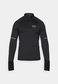 Pulover lung cu mânecă negru, cu guler cu fermoar, țesătură texturată, accente reflective și găuri pentru degete la manșete. Logo pe piept.