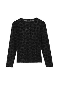 Haut noir à manches longues avec une texture transparente, présentant des motifs de roses noires en relief. Encolure arrondie, coupe décontractée.