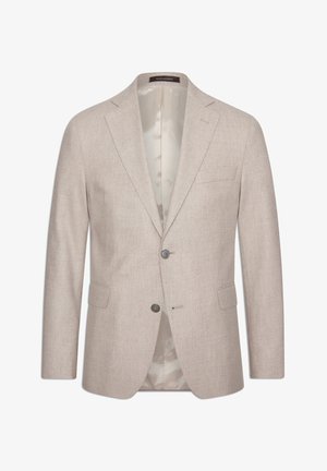 Jasno beżowa marynarka wykonana z fakturowanej tkaniny, z jednopikowym zapięciem, z klapami w kształcie notch oraz dwoma przednimi kieszeniami. Podszewka.