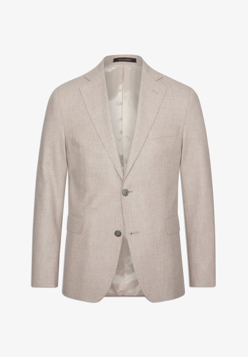 Blazer beige chiaro realizzato in un tessuto testurizzato, con design a un petto, revers a becco di civetta e due tasche frontali. Interno foderato.