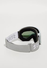 Ochelari de schi cu lentilă verde, ramă gri și perne de spumă negre. Curea elastică ajustabilă cu logo alb de marcă.