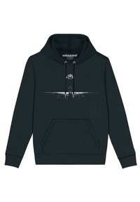 Felpa nera con cappuccio e tasca frontale, decorata con una stampa grafica di una figura sotto un cielo illuminato dalla luna, con lacci e polsini a coste.