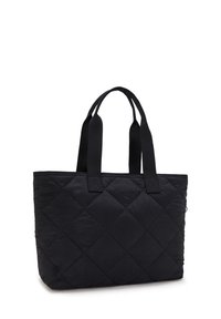Borsa a tote nera trapuntata con due robuste maniglie in tessuto, caratterizzata da un motivo a rombi e una texture morbida e lucida.