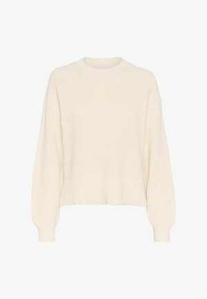 Suéter de punto crema con cuello redondo, hombros caídos y puños y dobladillo acanalados. Patrón texturizado en toda la prenda. Largo estilo cropped.