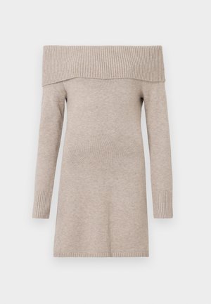 Beige avtakbar skuldergenser, strikket tekstur, lange ermer, ribbestrikket hals og mansjetter, lengde til midt på låret, glatt stoffoverflate.