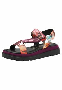 Blumengemusterte Sandalen mit rosa und lila Riemen, einer schwarz strukturierten Fußbett und einer dicken lila Gummisohle für Dämpfung.