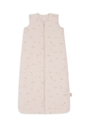 Mouwloos beige babypakje met kleine bloemen- en bijenpatronen, sluiting met ritssluiting aan de voorkant en een ronde halslijn.