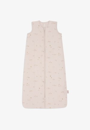 Sleeveless beige baby sleeping bag with small floral and bee patterns, front zipper closure, and round neckline.