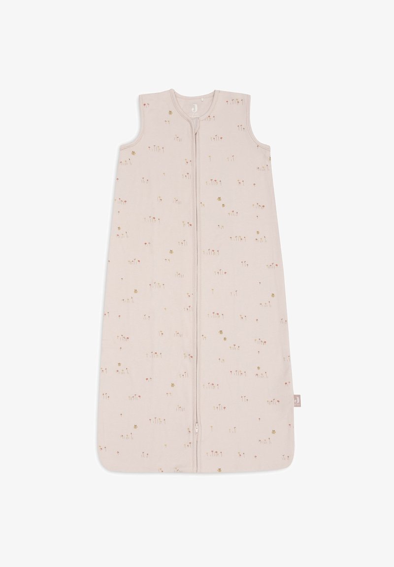 Gigoteuse beige sans manches pour bébé avec petits motifs floraux et d'abeilles, fermeture éclair à l'avant et encolure ronde.