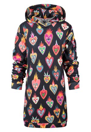 Pehmeast kangast kapuutsiga särk, millel on must taust ja värvilised südame- ning leekmustrid, pikad varrukad ja lahti istuv lõige.