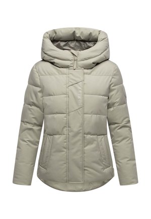 Lichtbeige gewatteerde winterjas met hoge kraag, een voorrits die bedekt is met een klep en zijzakken, ontworpen voor koud weer.