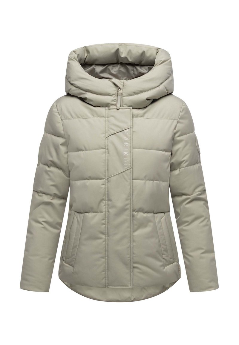 Lichtbeige gewatteerde winterjas met hoge kraag, een voorrits die bedekt is met een klep en zijzakken, ontworpen voor koud weer.