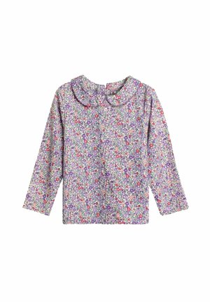 Børneskjorte med lange ærmer med lilla, pink og rød blomsterprint og rund krave, vist på hvid baggrund.