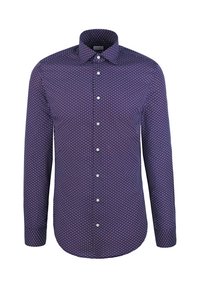 Camicia a maniche lunghe di un violaceo scuro con un motivo di cerchi in tonalità più chiare. Presenta un colletto button-down e bottoni anteriori.