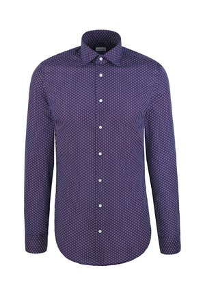 Langärmliges Hemd in Dunkellila mit einem gemusterten Design aus Kreisen in helleren Farbtönen. Verfügt über einen button-down Kragen und Knöpfe an der Vorderseite.