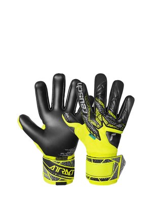 Pair of black and neon yellow goalkeeper gloves with textured palms and adjustable wrist straps showing brand name "Reusch" and "ATRAX".