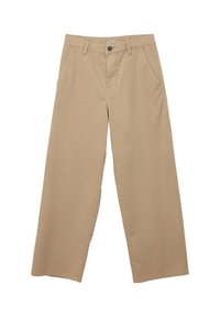 Beige weite Hose aus Baumwolle, mit einem klassischen Bund, zwei vorderen Taschen und einer einzelnen Gesäßtasche mit minimaler Naht.