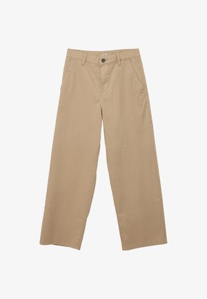 Beige wijde broek van katoen, met een klassieke tailleband, twee voorzakken en een enkele achterzak met minimale stiksels.