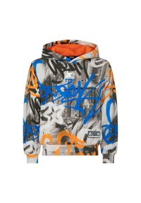 Hættetrøje med et farverigt graffiti-print i blå, orange og sort. Har en kængurulomme og ribbede mansjetter. Foret hætte i orange.