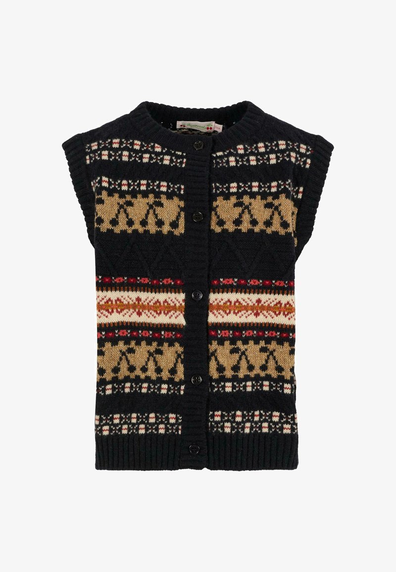 Czarna, dzianinowa kamizelka na guziki z beżowymi, czerwonymi i kremowymi geometrycznymi oraz kwiatowymi wzorami, z prążkowanymi otworami na ramiona i dołem.