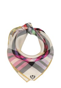 Silkkihuivi luonnonvalkoisena, jossa on ruudullinen kuvio pinkki-, musta- ja vihreäkorostuksilla; kultareunus ja pieni logoyksityiskohta yhdessä kulmassa.