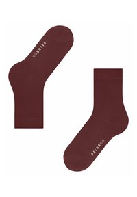 Burgunderfarbene Baumwollsocken mit glatter Textur, ausgestattet mit einem gerippten Bund und einem bedruckten Etikett mit der Aufschrift "FALKE 35-38."