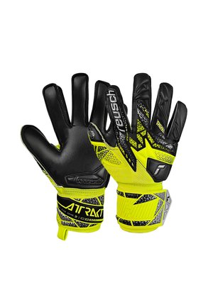 Black and neon yellow goalkeeper gloves with padded palms, textured grip, and adjustable wrist straps with "Reusch" branding.