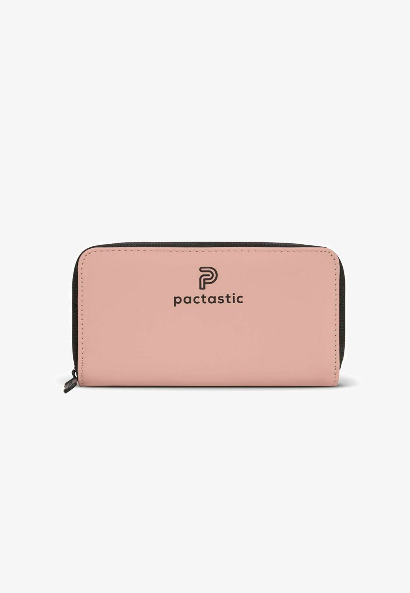 Portafoglio Pactastic con un'esterno rosa liscio, cerniera nera e logo. Forma rettangolare con dettagli di cucitura lungo i bordi.