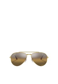 Occhiali da sole aviator in metallo dorato con lenti gradiente marroni, leggero brow bar e dettagli in tartaruga marrone sulle aste.