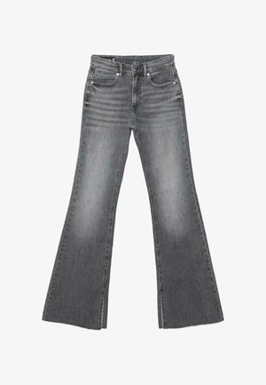 Jeans in denim grigio slavato con vita alta, chiusura frontale con bottone e zip, caratterizzati da gambe ampie a campana e tasche anteriori e posteriori.