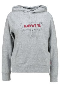 Sudadera gris con capucha, que cuenta con un bolsillo tipo canguro en la parte frontal y el logo rojo de Levi's. Textura suave, con puños y dobladillo acanalados.