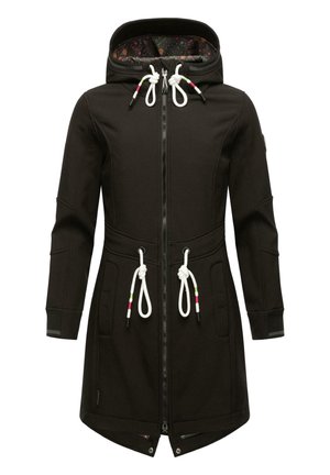 Black hooded coat with a front zip, featuring adjustable drawstrings, two side pockets, and floral pattern lining. Smooth, textured fabric.