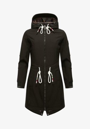 Black hooded coat with a front zip, featuring adjustable drawstrings, two side pockets, and floral pattern lining. Smooth, textured fabric.