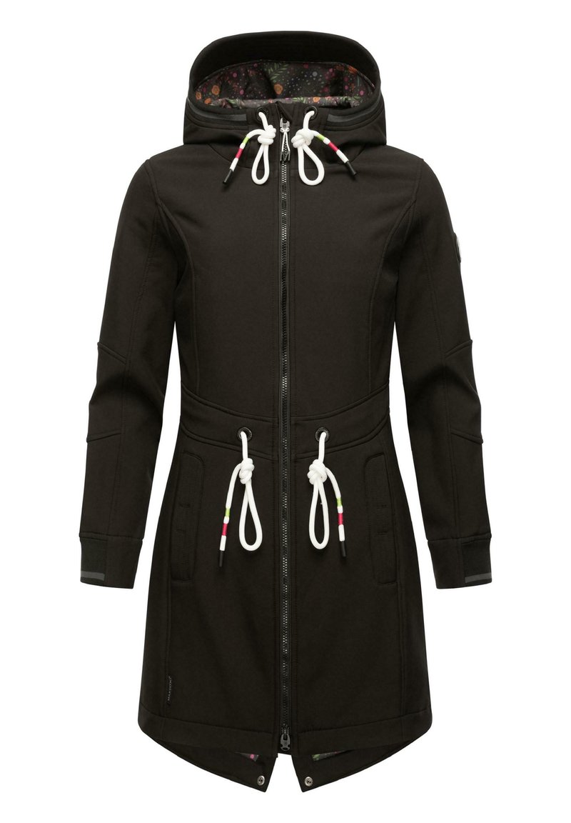 Black hooded coat with a front zip, featuring adjustable drawstrings, two side pockets, and floral pattern lining. Smooth, textured fabric.