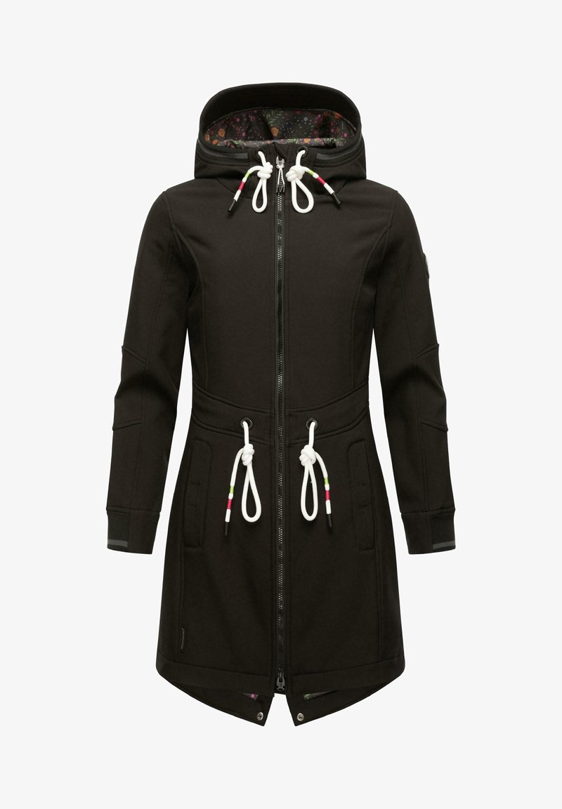 Črn plašč s kapuco in sprednjim zadrgo, ki ima nastavljive vrvice, dva stranska žepa in podlogo z cvetličnim vzorcem. Gladek, teksturiran material.