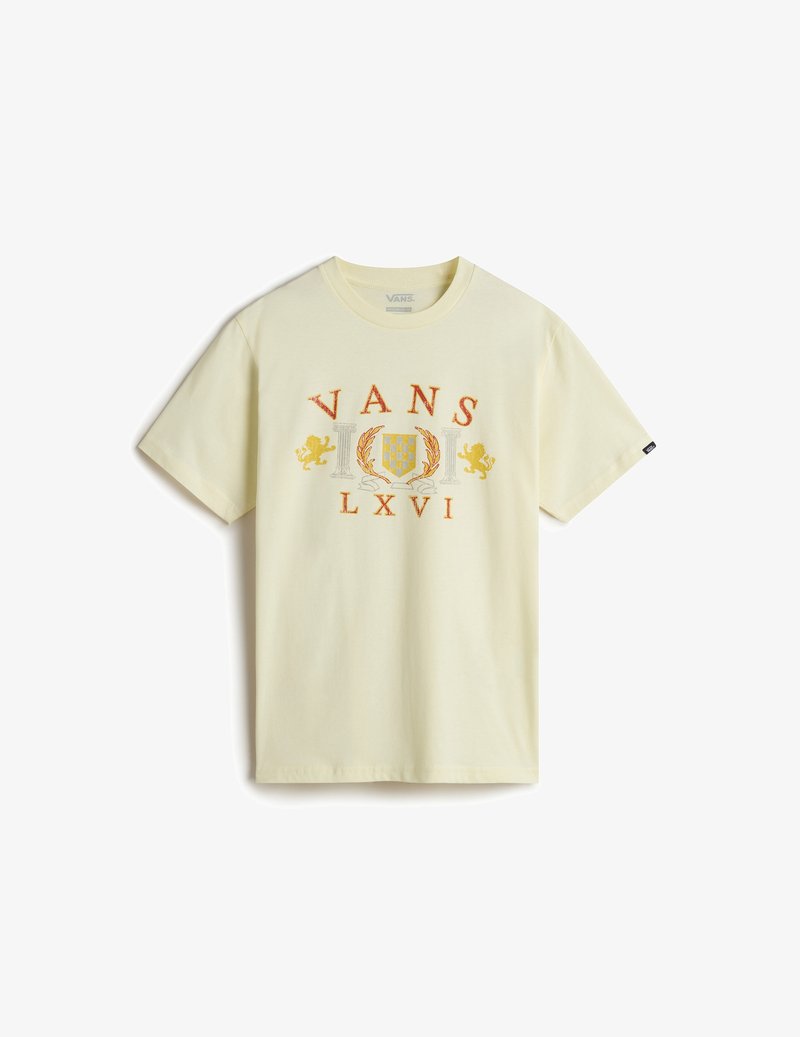 Jasnożółta bawełniana koszulka z krótkim rękawem, z grafiką "VANS LXVI" w pomarańczowym i szarym kolorze, ozdobiona wzorami lwa i laurowych gałązek.
