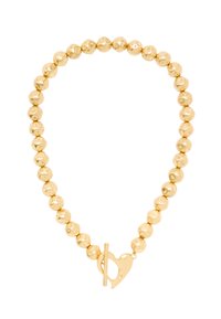 Naszyjnik z pozłacanych koralików, składający się z gładkich i fakturowanych okrągłych koralików z zapięciem na przełącznik w kształcie serca, wykończony polerowanym połyskiem.
