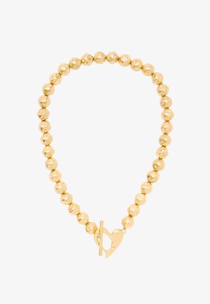 Naszyjnik z pozłacanych koralików, składający się z gładkich i fakturowanych okrągłych koralików z zapięciem na przełącznik w kształcie serca, wykończony polerowanym połyskiem.
