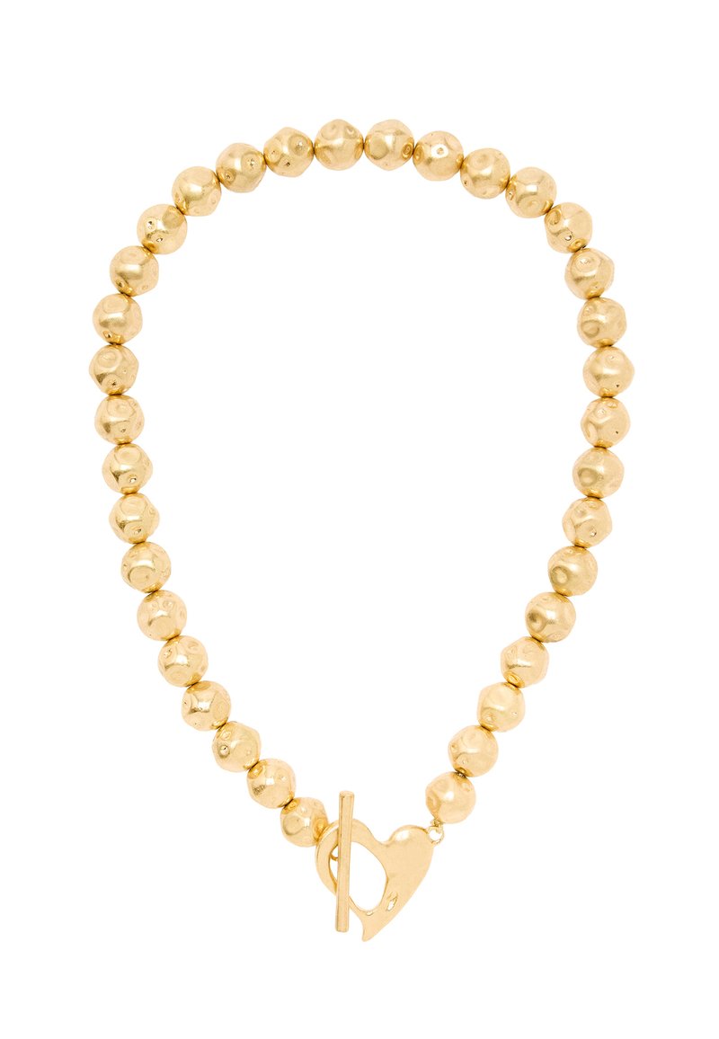 Naszyjnik z pozłacanych koralików, składający się z gładkich i fakturowanych okrągłych koralików z zapięciem na przełącznik w kształcie serca, wykończony polerowanym połyskiem.