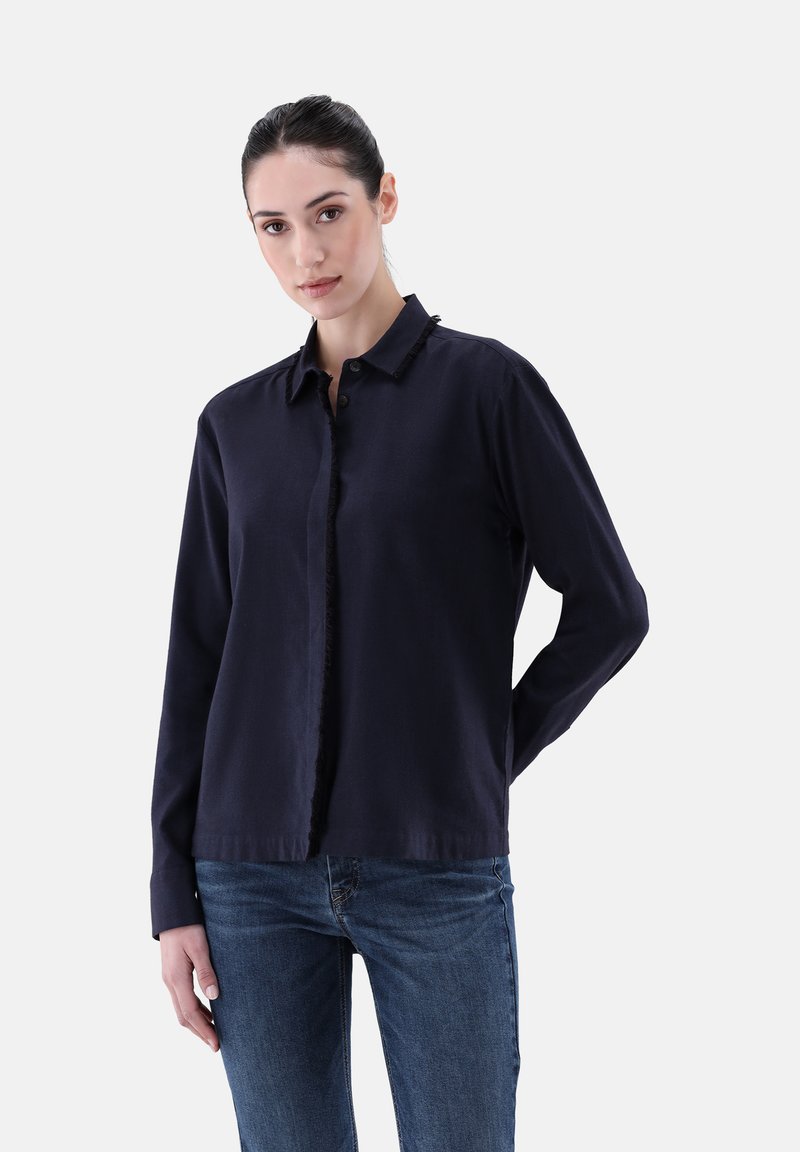Navy blue long-sleeve shirt with a button-down collar, featuring a frayed edge along the front opening and a smooth texture.