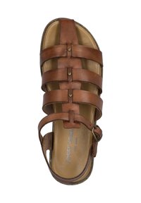 Braune Leder-Sandale mit mehreren horizontalen Riemen und abgerundetem Zeh. Hat einen Schnallenverschluss und eine glatte Innensohle, mit Branding auf der Fußsohle.