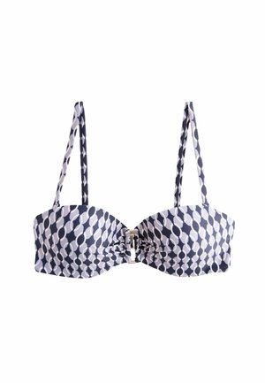 Navy and white patterned bikini top with adjustable thin straps and a ruched center connected by a small metal clasp.