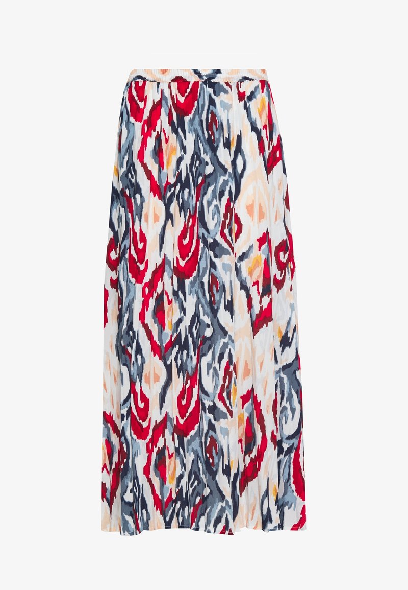 Jupe midi en tissu léger, présentant un motif abstrait multicolore avec des rouges, des bleus et des tons neutres. Taille élastique, design plissé.