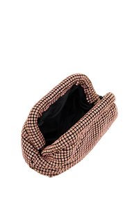 Rózsaszín, gyémánttal díszített kézitáska puha bútor belsővel, téglalap alakú és cipzárral záródik. A külső felületét kis kristályokból álló rácsminta díszíti.