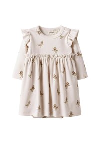 Abito per neonata a maniche lunghe color crema con spalline arricciate, vita arricciata e piccole anatre stampate con papillons su tutto l'abito.