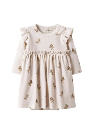 Hellbeige Langarmbabykleid mit gerafften Schultern, tailliertem Schnitt und gedruckten kleinen Enten mit Schleifen. 