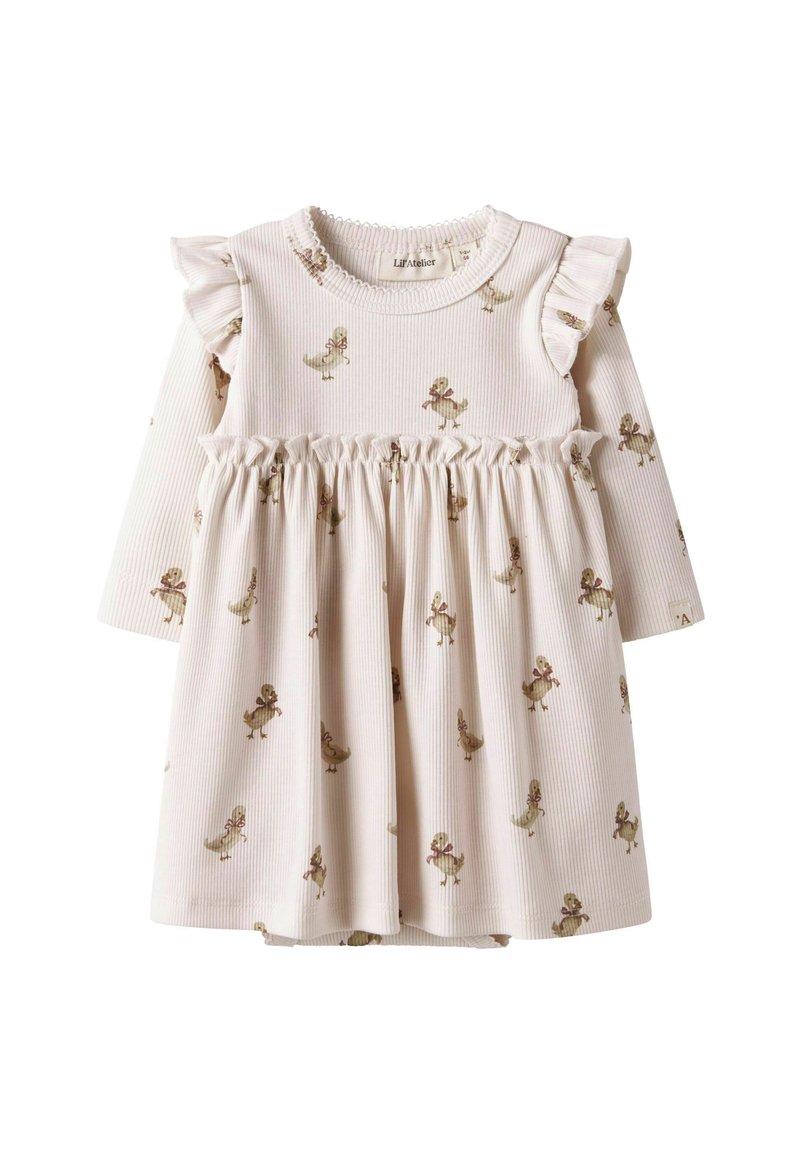 Abito per neonata a maniche lunghe color crema con spalline arricciate, vita arricciata e piccole anatre stampate con papillons su tutto l'abito.
