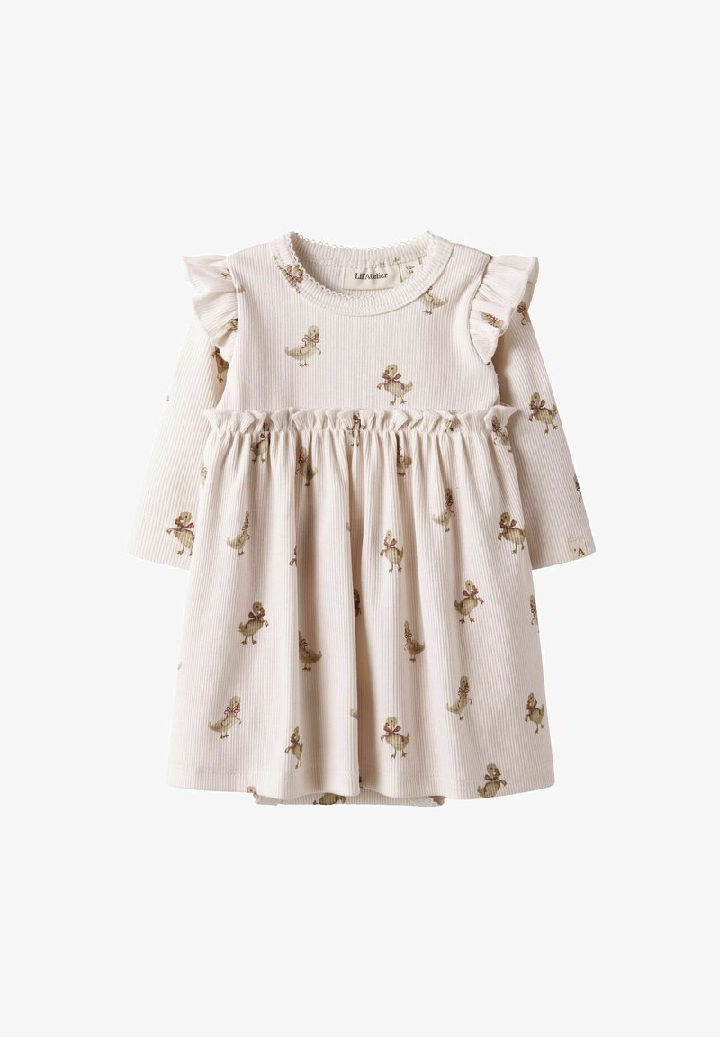 Abito per neonata a maniche lunghe color crema con spalline arricciate, vita arricciata e piccole anatre stampate con papillons su tutto l'abito.
