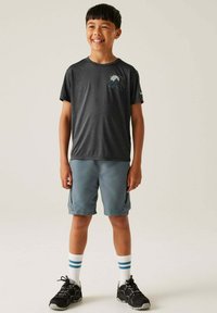 Graues Sport-T-Shirt mit Berggrafik, kombiniert mit blauen Cargo-Shorts, weißen Socken mit blauen Streifen und schwarzen Sneakers.