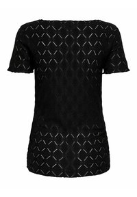 Haut noir à manches courtes avec motif de découpes en forme de losange et ourlets de manches festonnés, présenté de dos sur un fond blanc.